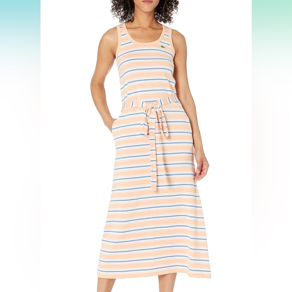 Lacoste Women's Sleeveless Striped Belted Maxi Dress